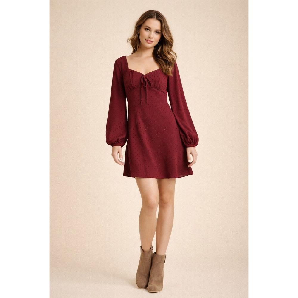 Altar'd State Mini Dress Womens‎ Small Maroon Boho Swiss Dot Tie Front Romantic